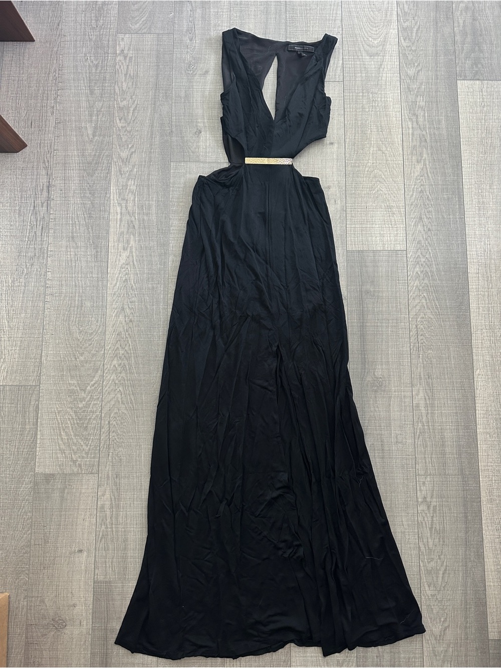 BCBGmaxazria Cutout Evening Gown with gold belt Detail
